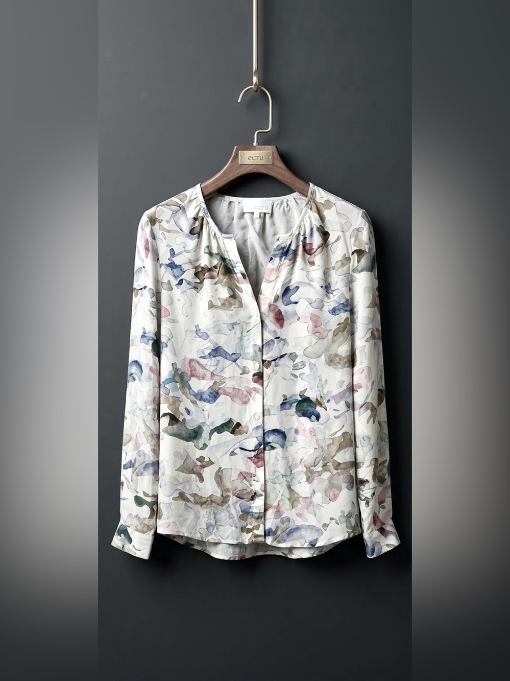 Ecru Silk Watercolor Long Sleeve Blouse Size Medium